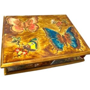 VTG REVERSE PAINTED GLASS‎ BUTTERFLIES Wood Jewelry Box Trinket Box PERUVIAN ART
